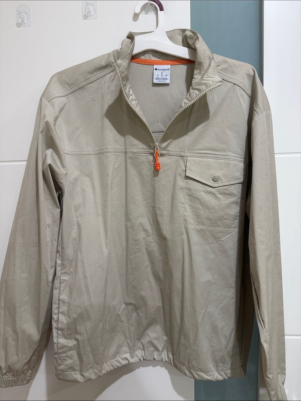 Champion Light Beige Quarter-Zip Pullover with Orange Pull